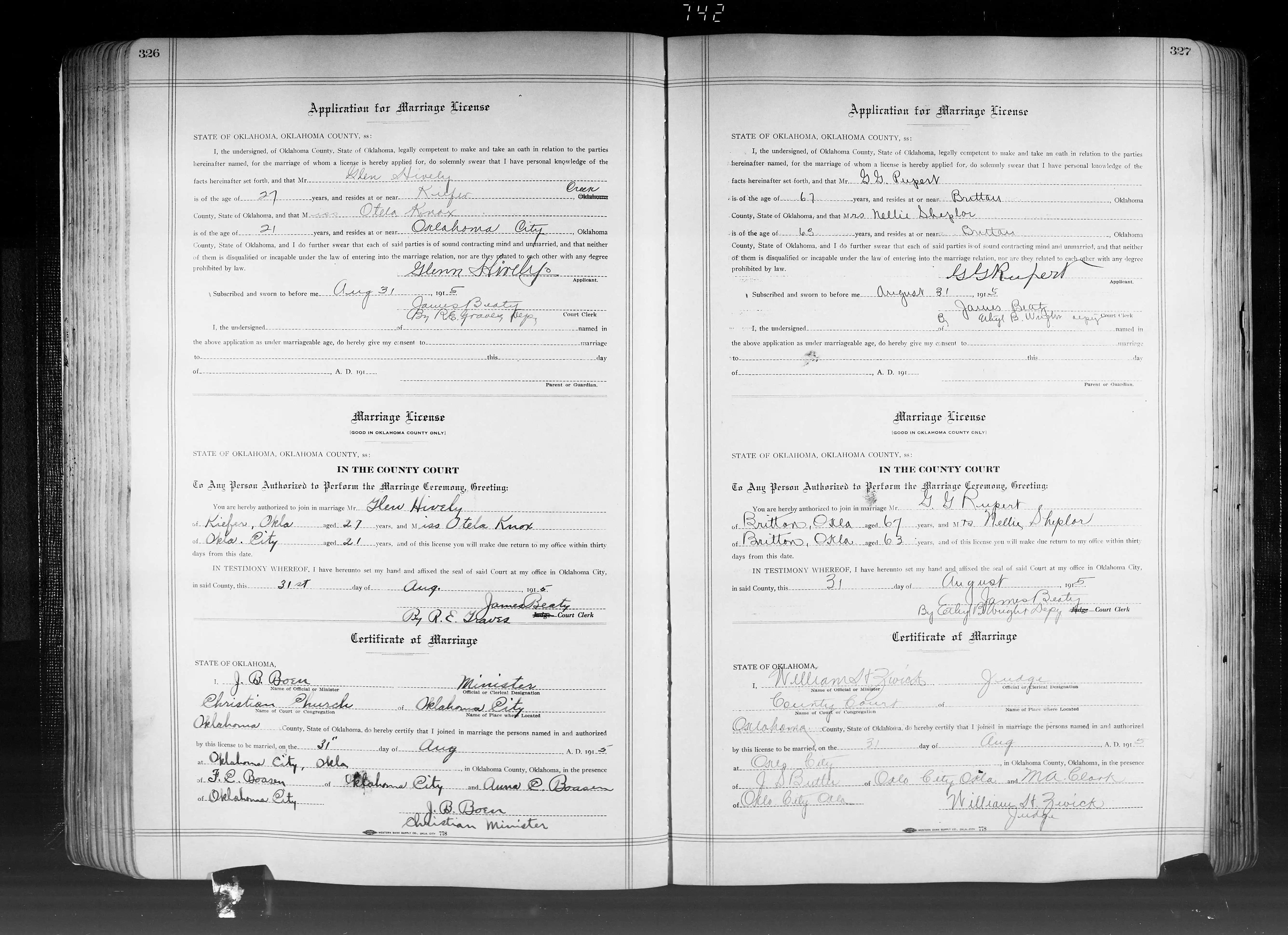 Greenberry George Rupert & Nellie Sheplor Marriage License and Certificate, 08-31-1915